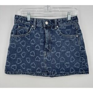 Cotton On Denim Mini Skirt Women's 28 All Over Hearts Pattern